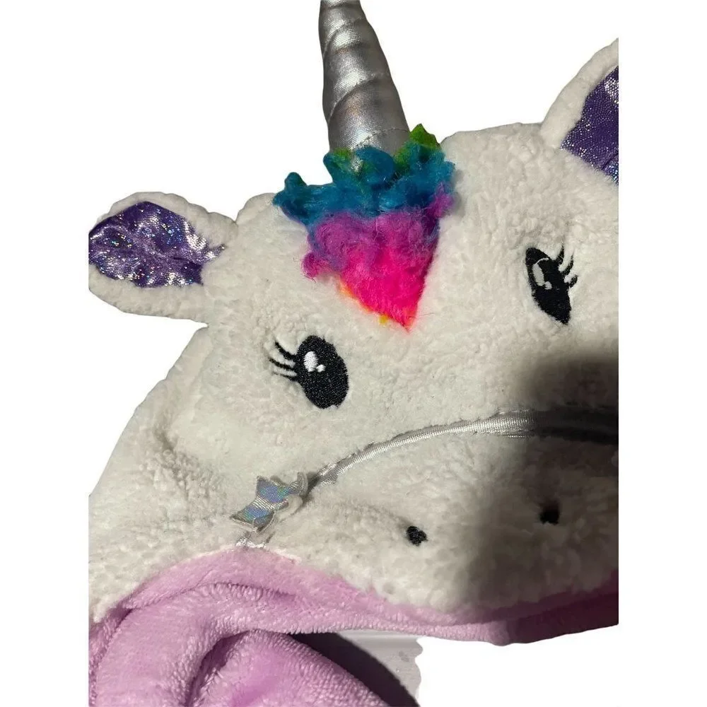 Rainbow Girls Purple White Unicorn Trapper Hat and Mitten Set All In One Size S
